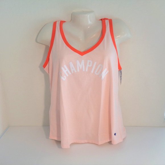 Champion Heritage Stripe Graphic Logo Tank Top V-Neck Pink Size XL NEW - Picture 3 of 5